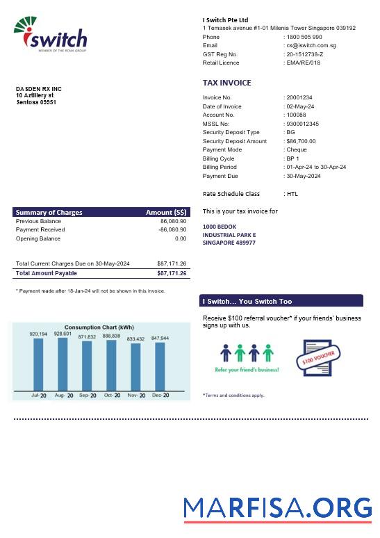 Downloadable Singapore I Switch electricity business utility bill template in Word and PDF formats